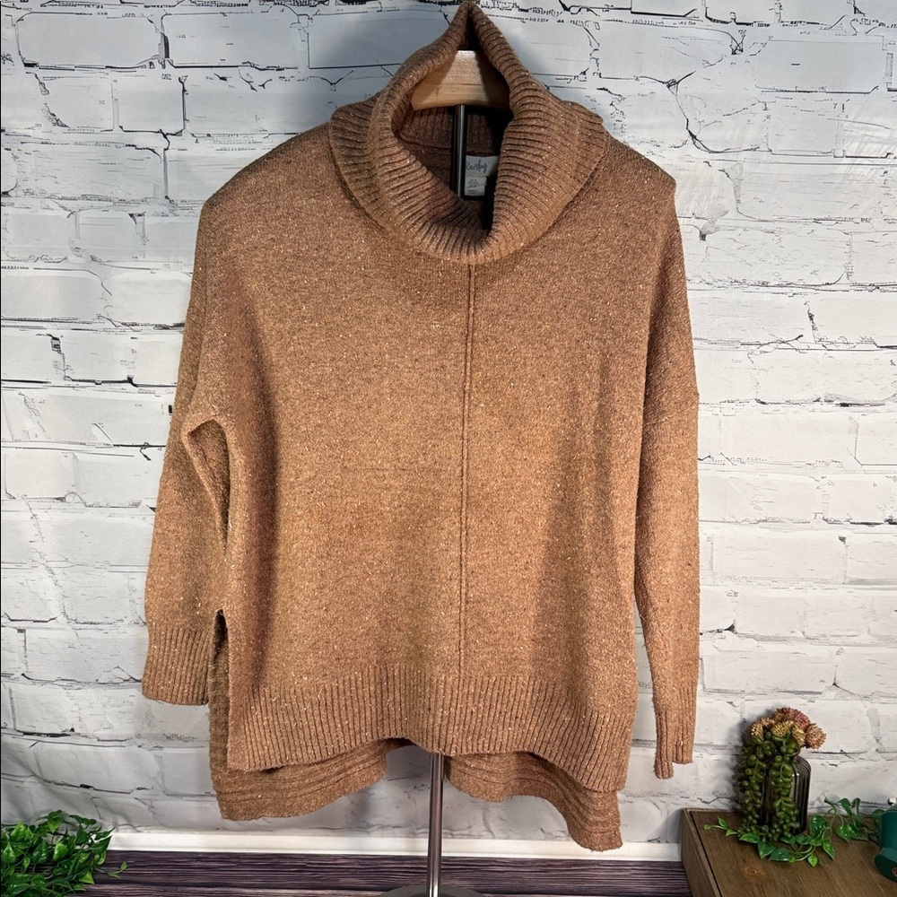 Kaisley (Anthropologie) Cozy Camel Tunnel Neck Sweater High Low Hem split sides